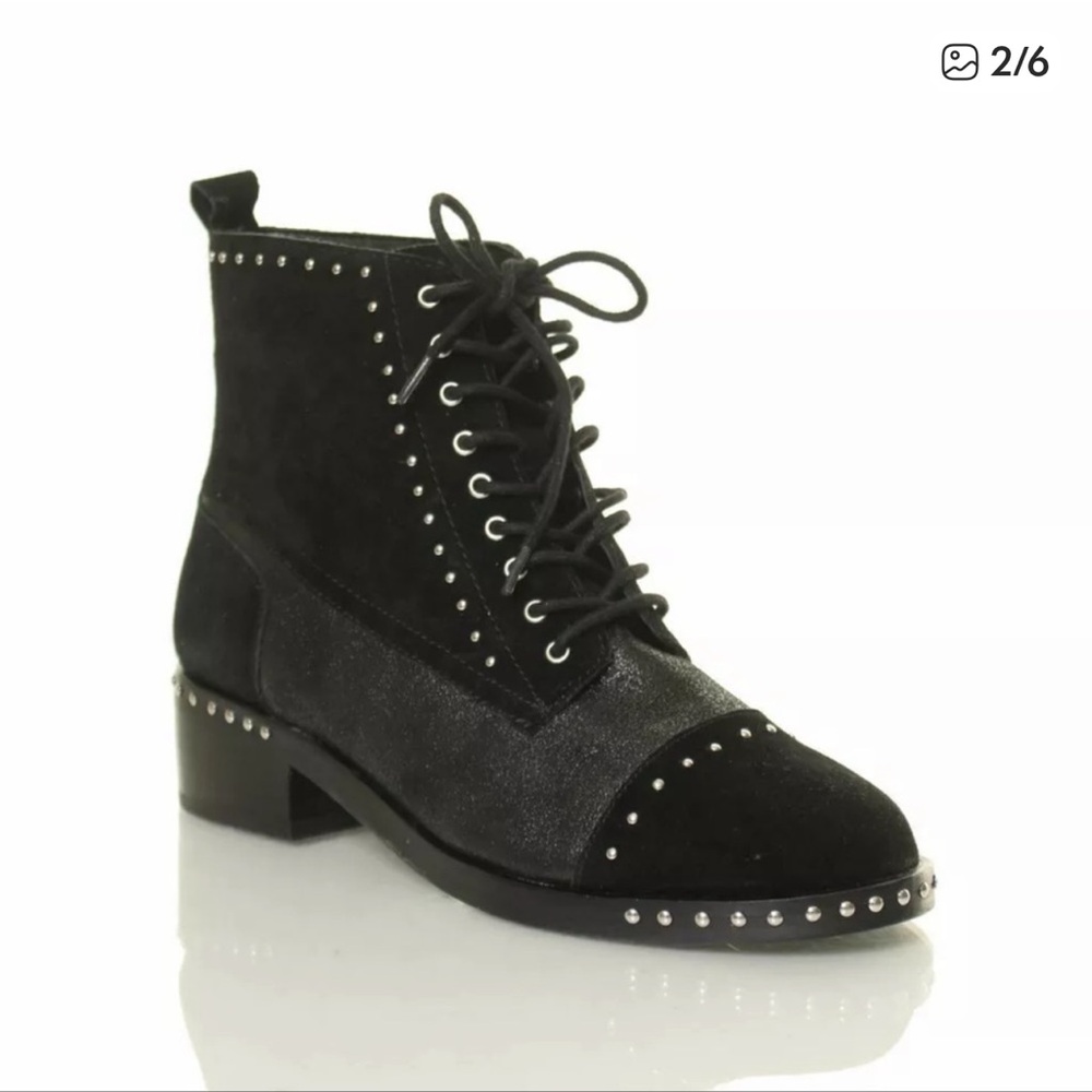 Marc Fisher Black Suede Shimmer Studded Cassidey  Combat Ankle boots Size 8